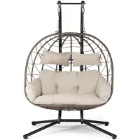 Juskys Hangstoel 2 Persoons - Polyrotan - Max. 220 kg- Incl. Onderstel & Kussens – Beige
