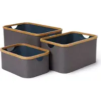 Lumaland rechthoekige opbergdoos met bamboe-frame in set van 3 dozen van 54 x 33 x H 26 cm en 45 x 30 x H 23 cm en 38 x 26 x H 16 cm Buitenkant Grijs/Binnenkant Blauw