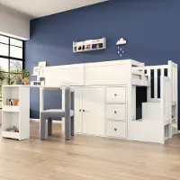 OKWISH Patrov bed. Kinderbed. Multifunctioneel kinderbed met uitschuifbaar bureau, ladder en opbergruimte, zonder matras, wit, 90x200 cm