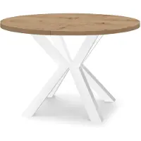 Dekori.Interiors Uittrekbare eettafel, rond, wit (RAL 100), diameter 200 cm, met een blad van eikenhout "Artisan" en massieve beuken houten poten – Stijl: Loft, rustiek