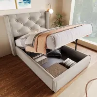 OKWISH Gestoffeerd Bed 90x200cm - Hydraulisch Opklapbaar Lattenbodem - Groot Opbergruimte - Eenpersoons Retro Hoofdeinde - Katoen - Lichtgrijs - Zonder matras