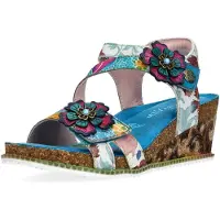 LAURA VITA Bonito 32 damessandalen met sleehak, turquoiseblauw met bloemenprint, gemaakt van leer.