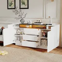 STILVORA Dressoir met hoogglansafwerking en 2 deuren, opbergkast voor gangen met LED-verlichting, bijzettafel met verstelbare compartimenten voor kantoren, woonkamers en gangen, wit