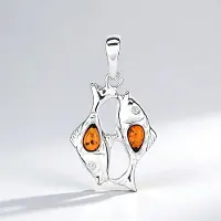 Cavill - Zilveren Hanger met 2 Peervormige Baltische Barnsteen - 925 Sterling Zilver - 0,16 ct - Elegant Maritiem Vis Design