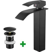Auralum Wastafelkraan - Zwart Badkamer Kraan - Mit Pop-up Afvoerventiel - Waterfall Wastafelkraan - Watervalkraan Badkamerkraan - Waterbesparend - Zwarte