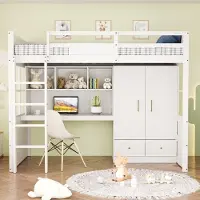 Sweiko hoogslaper, 90 x 200 cm, met ladder, met bureau met opbergruimte, met kledingkast en lades, kinderbed, tienerbed, eenpersoonsbed, wit