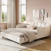 STILVORA Kinderbed 140x200 cm – Gestoffeerd Bed met Veiligheidsrand – Flexibele Zijkanten – Zonder Matras – Fluweel – Beige