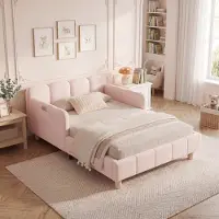 Flieks kinderbed, 90x200 cm, met valbeveiliging, gestoffeerd bed met verstelbare armleuningen, eenpersoonsbed met houten frame en houten poten, fluweel, roze