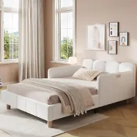 Flieks kinderbed, 90x200 cm, met valbeveiliging, gestoffeerd bed met verstelbare armleuningen, eenpersoonsbed met houten frame en houten poten, bouclé stof, beige kleur