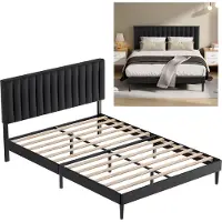 Auralum Max KUTAS Gestoffeerd Bed 140x200 cm met Hoofdbord en Lattenbodem - Metalen Bedframe - Tweepersoonsbed met 17 cm Opbergruimte - Gemakkelijk te Monteren