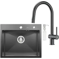 Auralum Max Spoelbak Keuken 55x45CM - Spoelbakken Keuken Met keukenkraan met uittrekbare uitloop Met Zeepdispenser - Spoelbak Met Kraangat - Antraciet