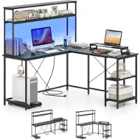 Costway L-vormig gamingbureau, hoekbureau elektrisch met ledstrips en stopcontacten, omkeerbare printtafel met monitorstandaard, opbergplanken, hoofdtelefoonhaak (zwart)