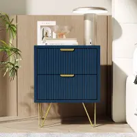 ProximaX Commode met 2 lades, gouden poten en een verticaal patroon, donkerblauw – Elegant, modern en praktisch voor slaapkamer of woonkamer