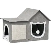 PawHut Kattenhuis met krasoppervlak, inclusief speelgoedbal, kattengrot, 65 cm x 41 cm x 45,5 H cm, bruin+wit+beige