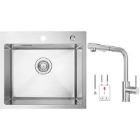 CECIPA MAX Spoelbakken 50x45cm - Spoelbak Keuken met Lage druk Keukenkraan Met Uittrekbare Uitloop - Gootsteen voor Roestvrij staal - Spoelbakken met afdruip - Zilver