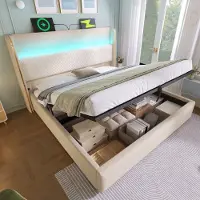 Sweiko Gestoffeerd bed - 180x200 cm - Hoog hoofdeinde - LED-verlichting - Opbergruimte - USB/Type-C - Linnen - Beige
