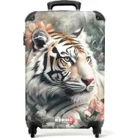 NoBoringSuitcases.com - Handbagage koffer lichtgewicht - Reiskoffer trolley - Tijger ligt tussen bloemen en planten - Rolkoffer met wieltjes - Past binnen 55x40x20 en 55x35x25