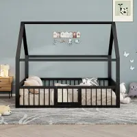 Merax Kajuitbed 140 x 200 cm - metalen bedframe - kinderbed - huisdecoratiebalken - veiligheidsrail - zwart - zonder matras