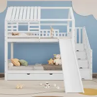 Sweiko Stapelbed met trap en glijbaan, Huisbed, trap met bergruimte, frame van dennenhout en MDF, Kinderbed met raam en dak, met valbeveiliging rooster en lade, Wit, 90x200cm