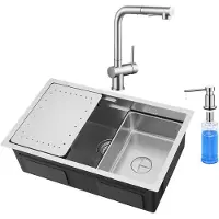 CECIPA MAX Spoelbakken Keuken 70x44CM - Spoelbak Keuken Met Keukenkraan met Uittrekbare Uitloop en Zeepdispenser 300ML - Multifunctionele Spoelbak - Spoelbak Met Afdruiprek - Wasbak Keuken - RVS