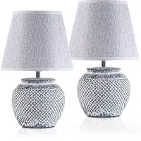 Ed Brubaker Set van 2 tafellampen of nachtlampen, 30,5 cm. Keramische lampenkappen, tweekleurig: grijs en linnen. Lampenkappen in lichtgrijs