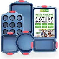 Nutrichef , Bakvorm set ,6-delige Antiaanbak Bakvormen set - PFOA-, PFOS-, PTFE-vrij Koolstofstaal Bakblikken met Hittebestendige Siliconen Handgrepen- Ovenbestendig tot 230°C