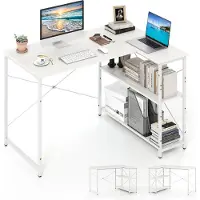 Costway L-vormig bureau, omkeerbaar hoekbureau met verstelbaar rek en metalen frame, computertafel van hout, bureautafel, hoektafel voor thuis en kantoor, 118 x 86 x 74 cm (wit)