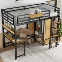 STILVORA Hoogslaper 90x200 cm – Kast En Bureau – Trap Met Leuningen – Metaal En MDF – Zwart/Naturel – Zonder Matras