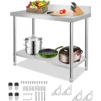 NaiZy 120x60x85cm Roestvrij Staal Werktafel Gastronomische Eettafeltjes Met 2 Legplanken & Verstelbare Voeten Buitentuintafel Voorbereidingstafel Voor Voedselbereiding (Met Opstaande Rand)