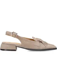 Manfield - Dames - Taupe suède slingbacks met franjes - Maat 38