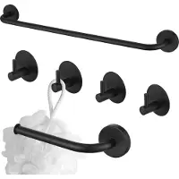 Auralum Max Badkamer Accessoires Set - Handdoekrek - Toiletrolhouder - Handdoekhaakjes - RVS - Niet Boren - Set van 6 - Zwart