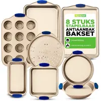 Nutrichef 8-delige Anti-aanbak Bakvormen Set - Koolstofstaal met Siliconen Handgrepen – Pizza, Muffins, Brood, Ronde & Vierkante Pannen – Champagne Goud