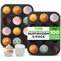 Nutrichef Muffinvormen– 2-Pack, Antiaanbak 12-Vorm Cupcake Blik - Stapelbare Muffin Bakplaten van Koolstofstaal - Inclusief 100 Bakpapiertjes