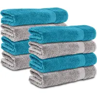 Komfortec 8x Handdoek 70x140 - 100% Katoen – Handdoekenset - Zacht - Zilver/Turquoise