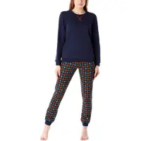 Merry Style MS-MS10-168-PJ Dames Pyjama - ronde hals - lange mouwen - lange broek met zakken - Katoen - Marineblauw/Oranje/Geruit - L