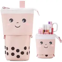 LONGZIMING -Bubble Tea Pennenetui - Uitschuifbaar Design - Canvas Etui - Multifunctionele Opbergtas - Voor Pennen, Make-up & Kantoor - Roze