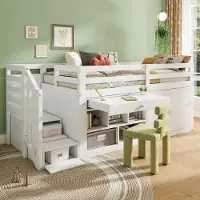 OKWISH Kinderbed 90x200cm – Met Omkeerbare Lade Als Bureau – Met Trap En Opbergruimte – Met Lattenbodem – Zonder Matras – Hout – Wit