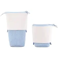 LONGZIMING -Pop-up Pennenetui - PU+Cord - Uitschuifbare Make-up Kwastenhouder - Cosmetica Etui - Telescopische Opbergtas - 17x12x5,2cm - Blauw