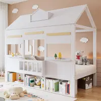 OKWISH Hoogslaper 90x200 cm - Kinderbed Met Huisvormig Ontwerp - Met Boekenrek - Zonder Matras - Hout En MDF - Wit