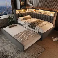 STILVORA Gestoffeerd bed 90x200 cm – Eenpersoonsbed met uittrekbed 90x190 cm – LED & Bluetooth met USB-C – Linnenmix – Grijs – Zonder matras