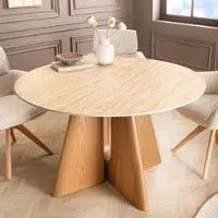 Invicta Eettafel ORGANIKO 120cm rond natuursteen travertijn blad met eiken houtlook frame - 48557