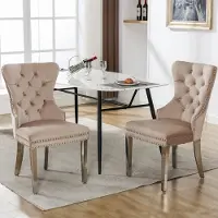 Sweiko Eetkamerstoel (keukenstoel, woonkamer stoel met unieke deurringen op de rug, 2-delig), gewatteerde stoel met nagelkopdecoratie, metalen steunpoten, fluwelen hoes, Beige kleur