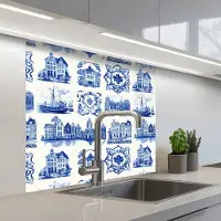 KitchenYeah Keuken achterwand 80x80 cm - Spatscherm zelfklevend Huizen - Schepen - Blauw - Muurbeschermer - Spatwand fornuis