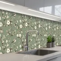 KitchenYeah Keuken achterwand 300x60 cm - Spatscherm zelfklevend Botanisch - Vogels - Groen - Muurbeschermer - Spatwand fornuis