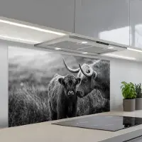 KitchenYeah Spatscherm 120x60 cm - Zelfklevende achterwand Schotse hooglander - Kalf - Zwart - Wit - Keuken muurbeschermer - Spatwand fornuis