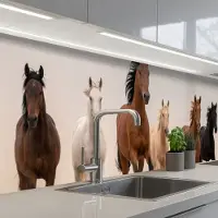 KitchenYeah Keuken achterwand 300x60 cm - Spatscherm zelfklevend Kudde paarden - Stofwolk - Bruin - Zwart - Muurbeschermer - Spatwand fornuis