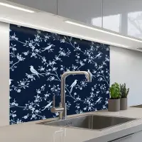 KitchenYeah Keuken achterwand 100x80 cm - Spatscherm zelfklevend Grafisch - Bloesemtak - Blauw - Muurbeschermer - Spatwand fornuis
