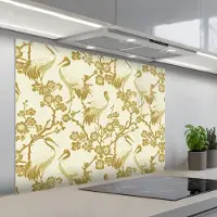 KitchenYeah Spatscherm 100x75 cm - Zelfklevende achterwand Kraanvogels - Kersenbloesem - Goud - Keuken muurbeschermer - Spatwand fornuis