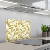 KitchenYeah Spatscherm 60x45 cm - Zelfklevende achterwand Kraanvogels - Kersenbloesem - Goud - Keuken muurbeschermer - Spatwand fornuis
