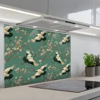 KitchenYeah Spatscherm 80x55 cm - Zelfklevende achterwand Kersenbloesem - Kraamvogels - Groen - Keuken muurbeschermer - Spatwand fornuis